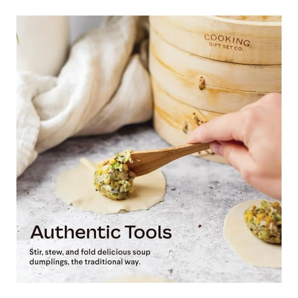 Bamboo Steamer Basket Soup Dumpling Kit Dough Roller, Spoon, Liners & More